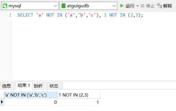 NOT...IN运算符的使用